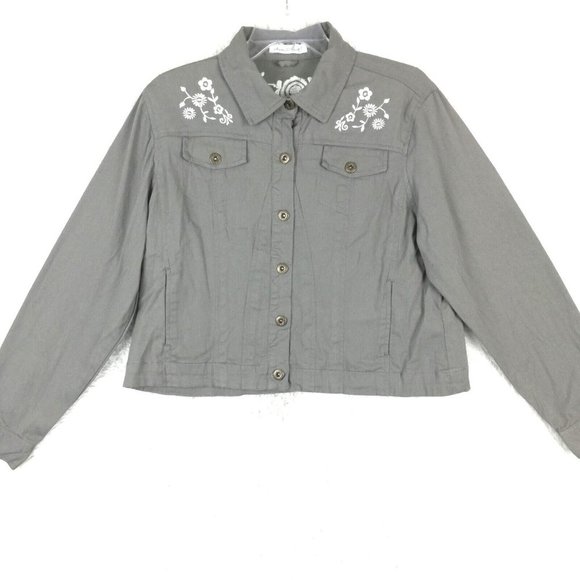 Keren Hart Womens Jacket Crop Lightweight Embroidered Floral Gray‎ Button Up XL - Picture 1 of 16